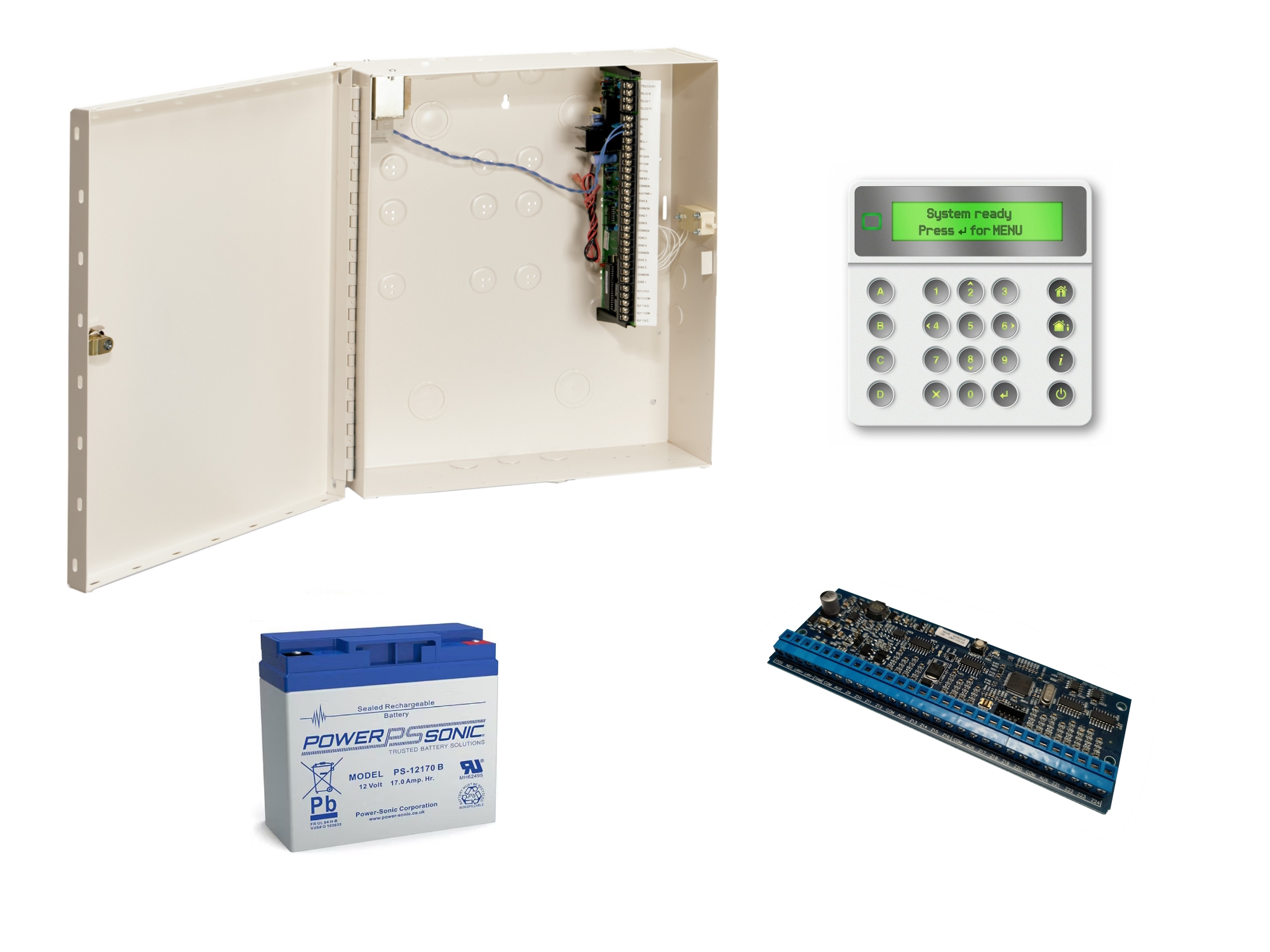 10000129 Kit NXG, centrale IP 8-48 zones, clavier LCD blanc, module d'extension pour 16 zones filaires, batterie