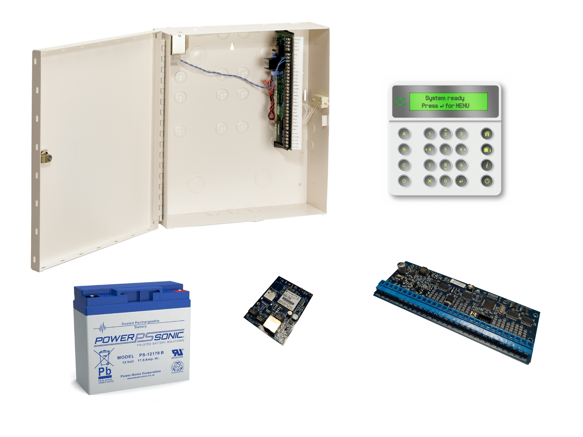 10000130 Kit NXG, centrale IP 8-48 zones, clavier LCD blanc, module d'extension pour 16 zones filaires, modem 4G + antenne + carte SIM, batterie
