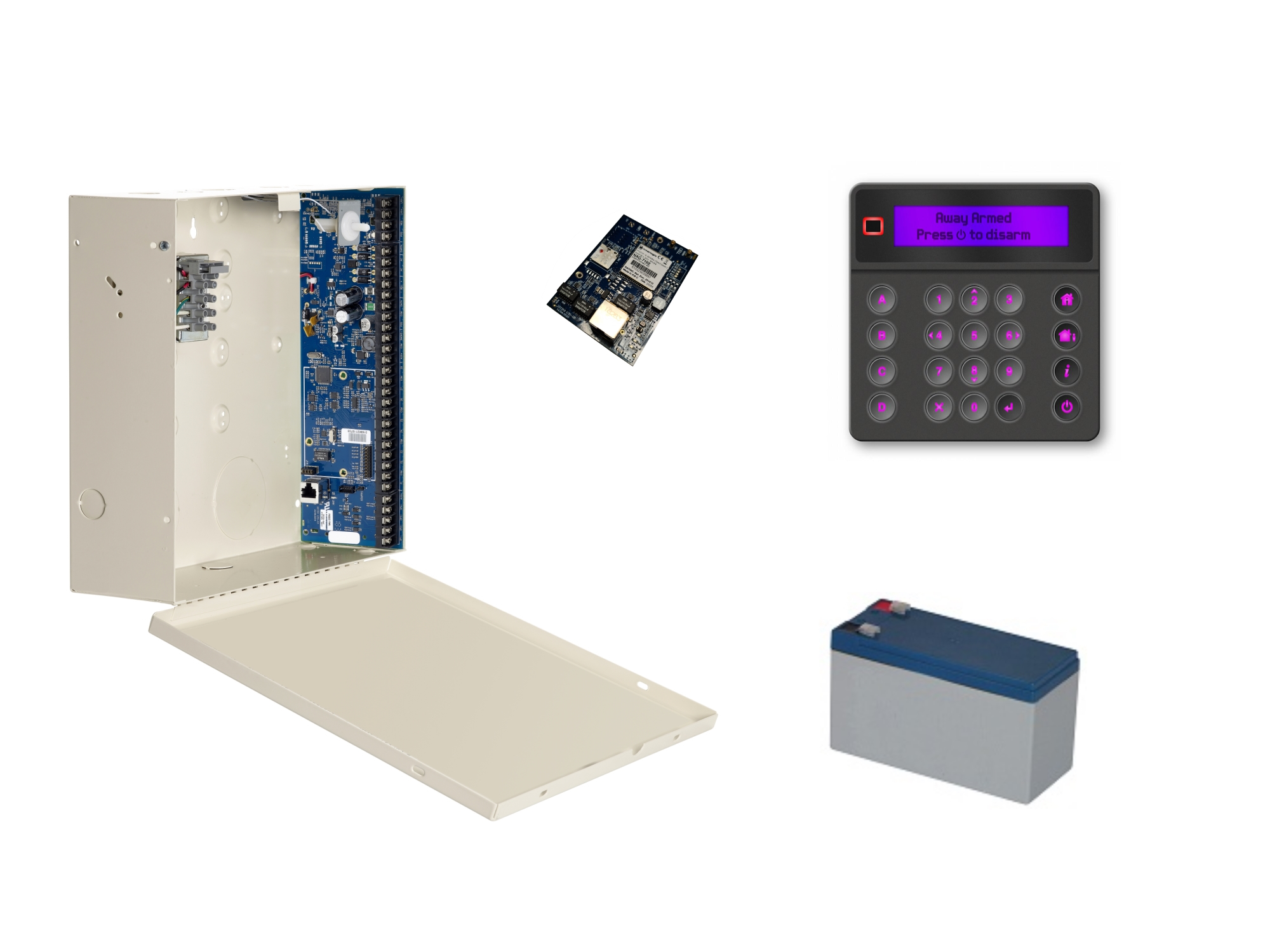10000131.A NXG Kit, IP centrale 8-48 zones, zwart LCD keypad, 4G modem + antenne + SIM kaart, batterij