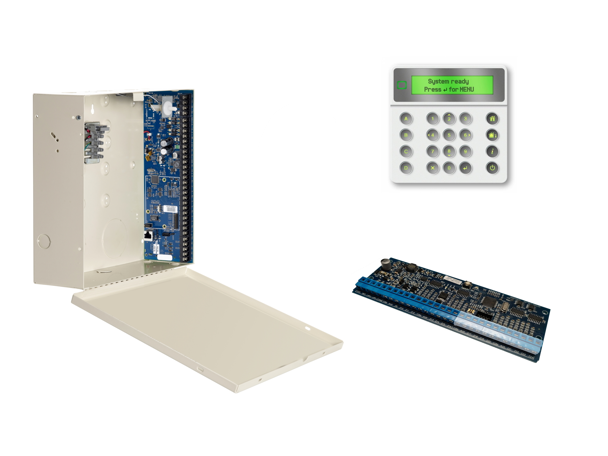 10000132 Kit NXG, centrale IP 8-48 zones, clavier LCD blanc avec lecteur Mifare et module d'extension à 8 zones filiaires