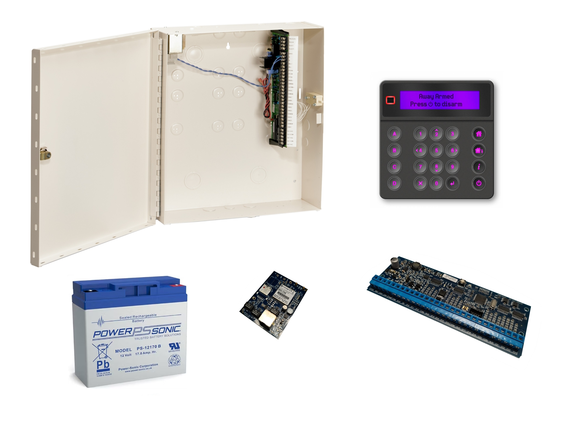 10000130 NXG Kit, IP centrale 8-48 zones, zwart LCD keypad, uitbreidingsmodule voor 16 bedrade zones, 4G modem + antenne + SIM kaart, batterij