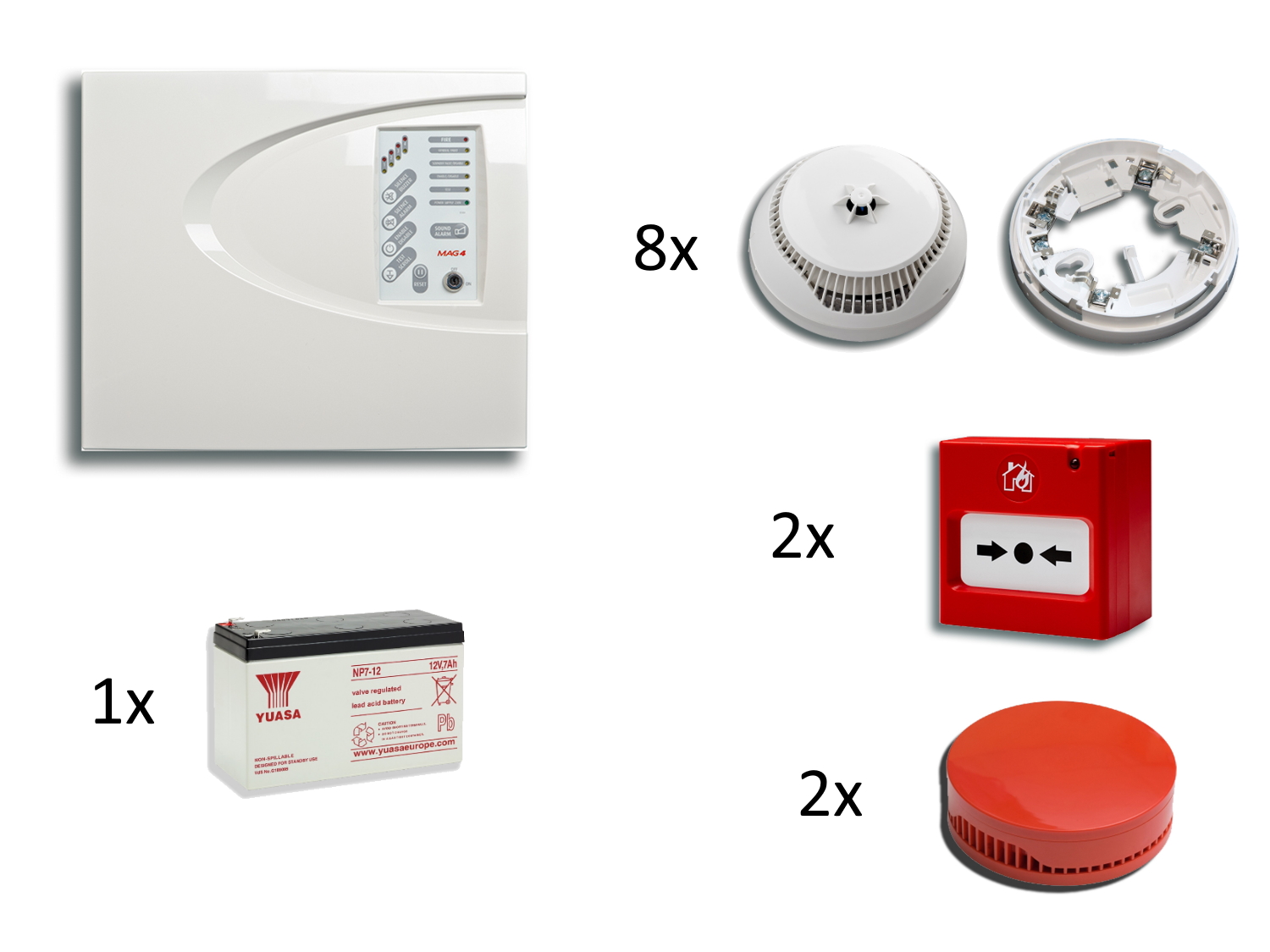30050033 Kit Teletek avec 1 panneau incendie conventionnel, batterie, 8x détecteur multicritères + socle, 2x bouton poussoir et 2x sirène intérieure rouge.