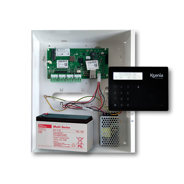 10020003 Ksenia kit, Lares 4.0 16 in kleine metalen behuizing, zwart lcd keypad, noodbatterij