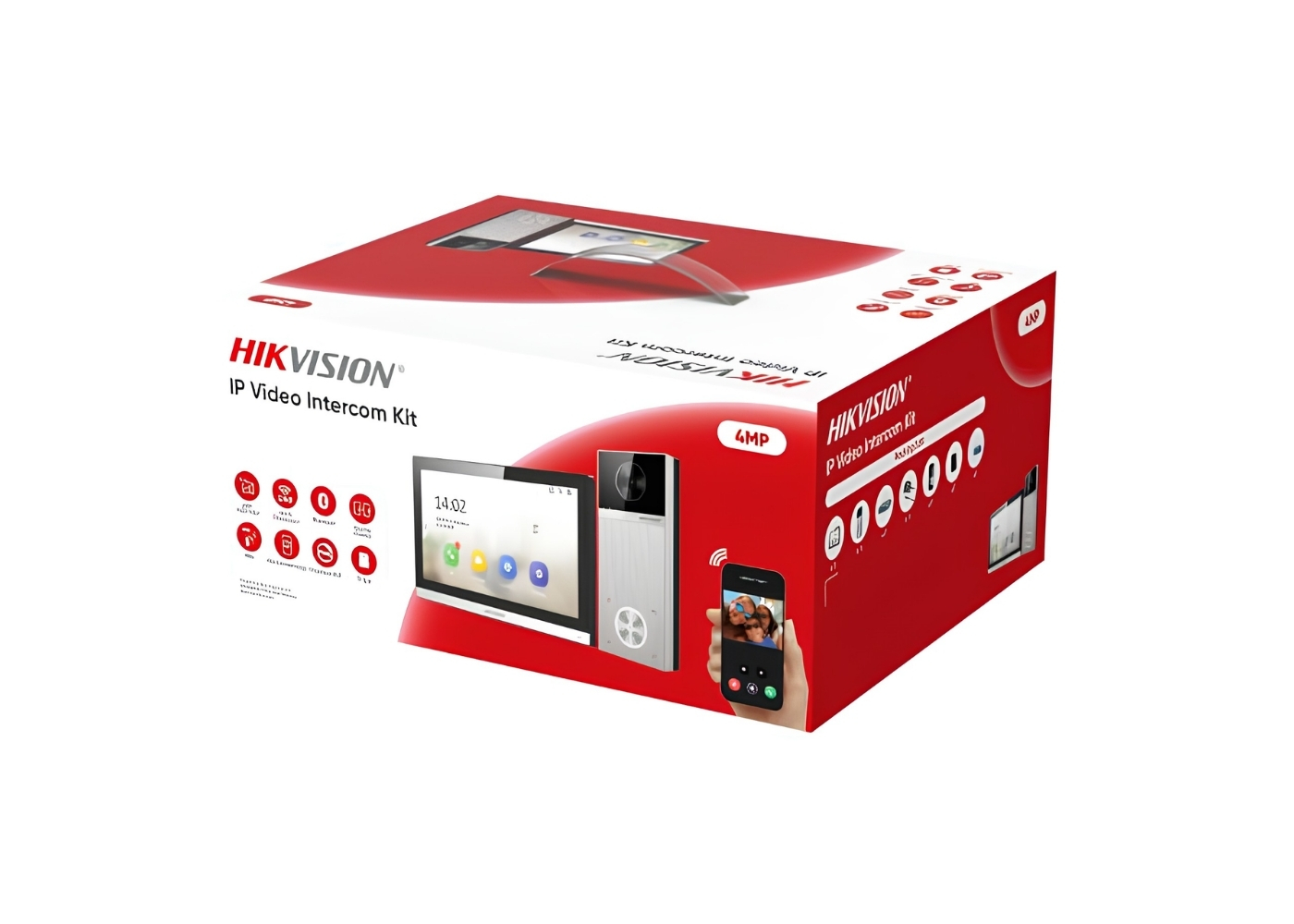 20002660 Kit d'interphone vidéo IP Hikvision, unité extérieure HD avec caméra 4 MP et protection contre la pluie, écran tactile Wi-Fi 7 pouces, commutateur PoE 4 ports avec alimentation et carte administrateur avec 5 porte-clés.